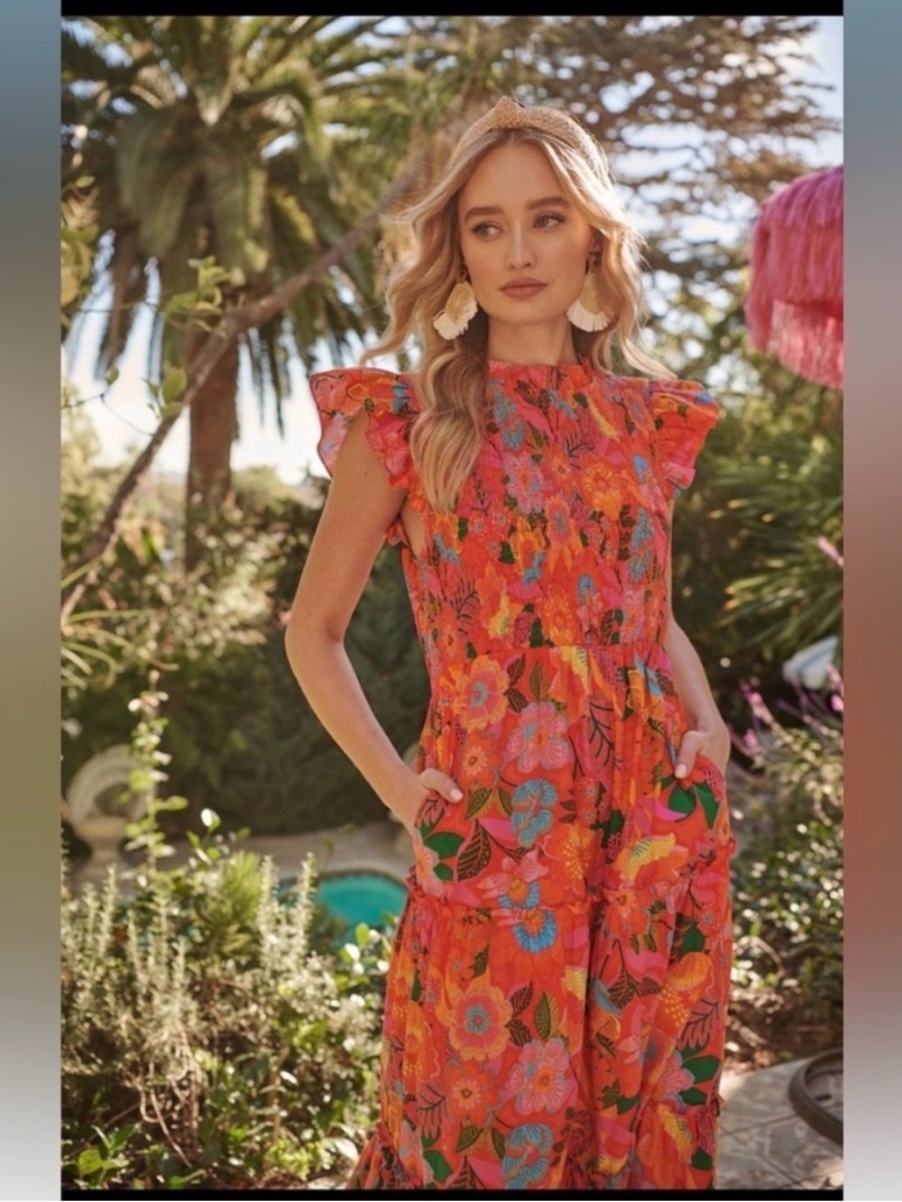 Viral Idalia Cotton Floral Smocked Midi Dress Tropical Orange Baltic Born Emily
